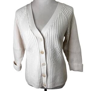 100% Merino Wool | Ribbed Button Cardigan Sweater White | Talbots Petites Med P